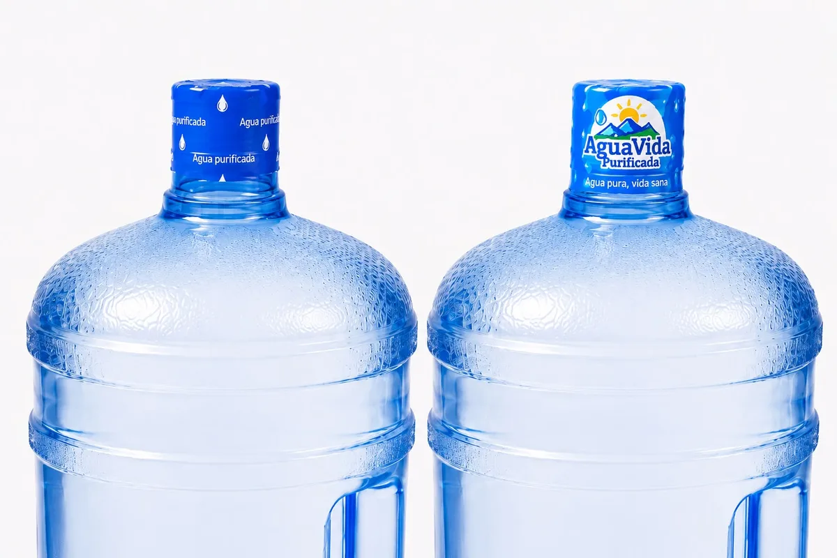 Comparación de dos garrafones: uno con sello genérico «Agua purificada» y otro con sello personalizado con logo de marca